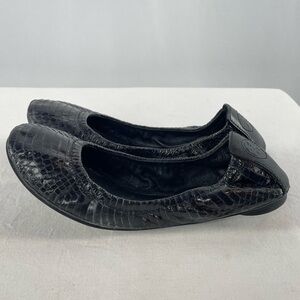 Tory Burch Snakeskin Embossed Leather Ballet Slipper Flat‎ in Black Size 7